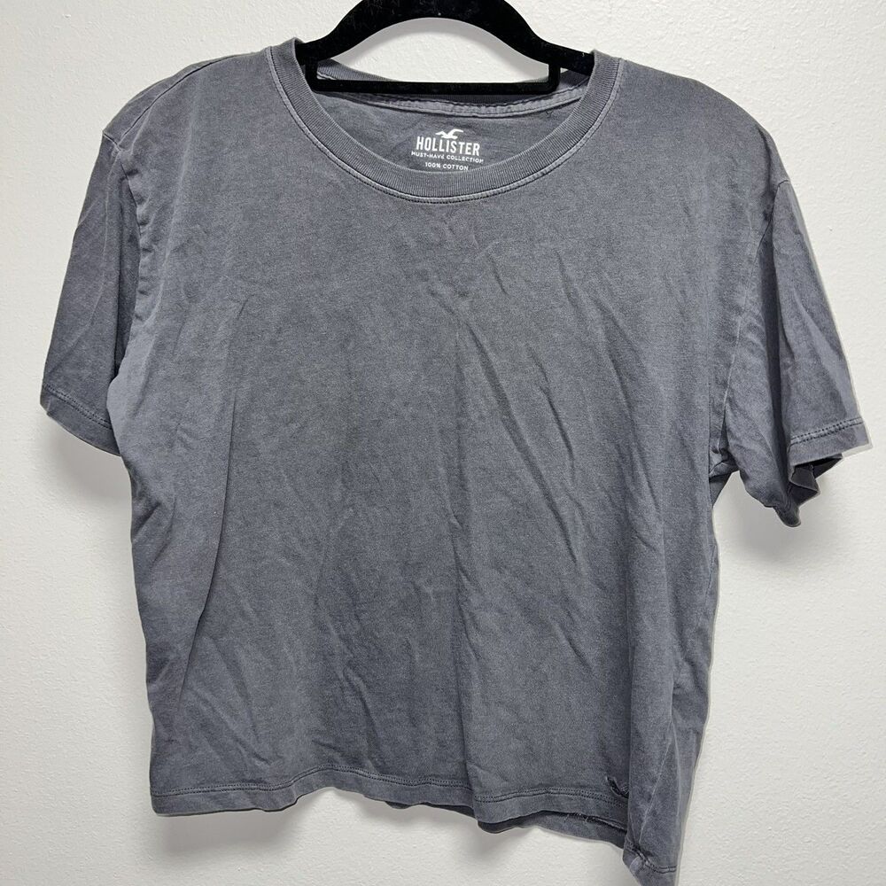 Hollister Shirt Womens small Gray Short Sleeve Embroidered Logo Crop Stretch